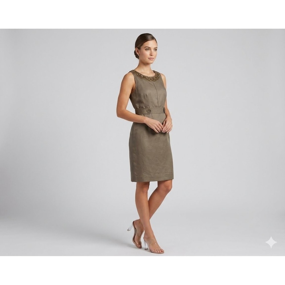 Alex Marie Linen Silk Blend Jeweled Shift‎ Dress 16 Bronze Wedding Guest Elegant